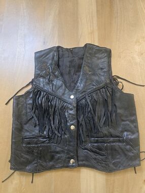 Vintage Patchwork Leather Fringe Vest Black Western Biker Side Lace Women’s Med